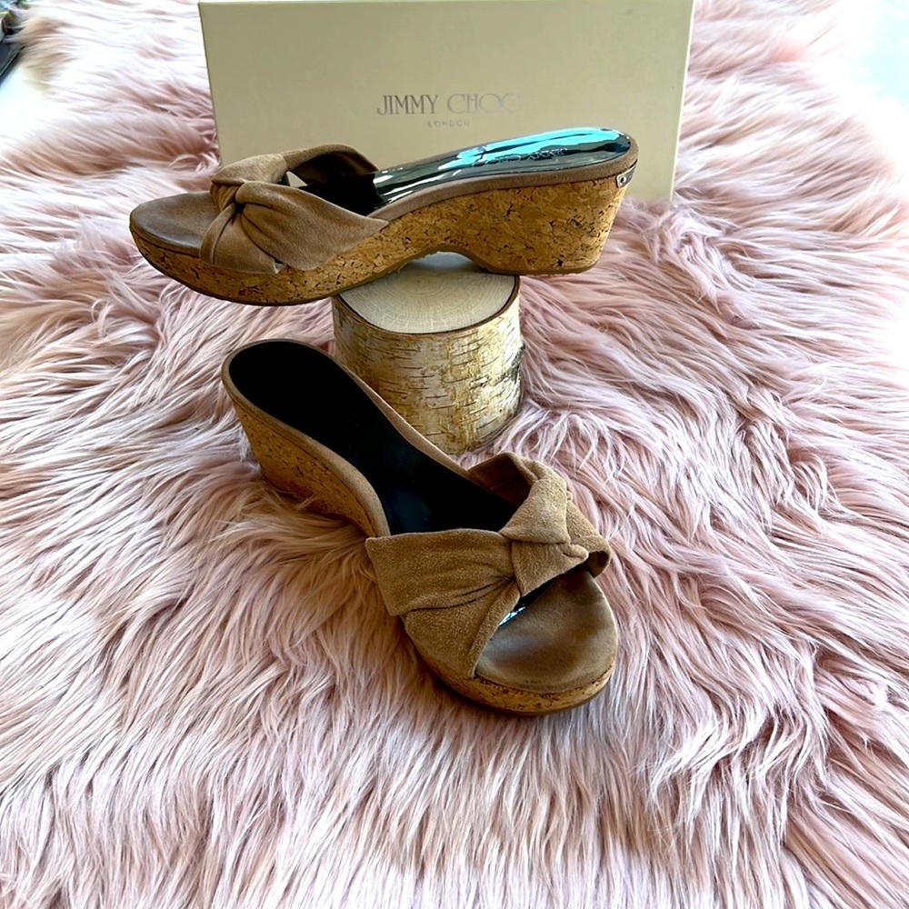 Authentic Jimmy Choo Tan Suede Slide Low Heel Cork Wedges Size 37.5